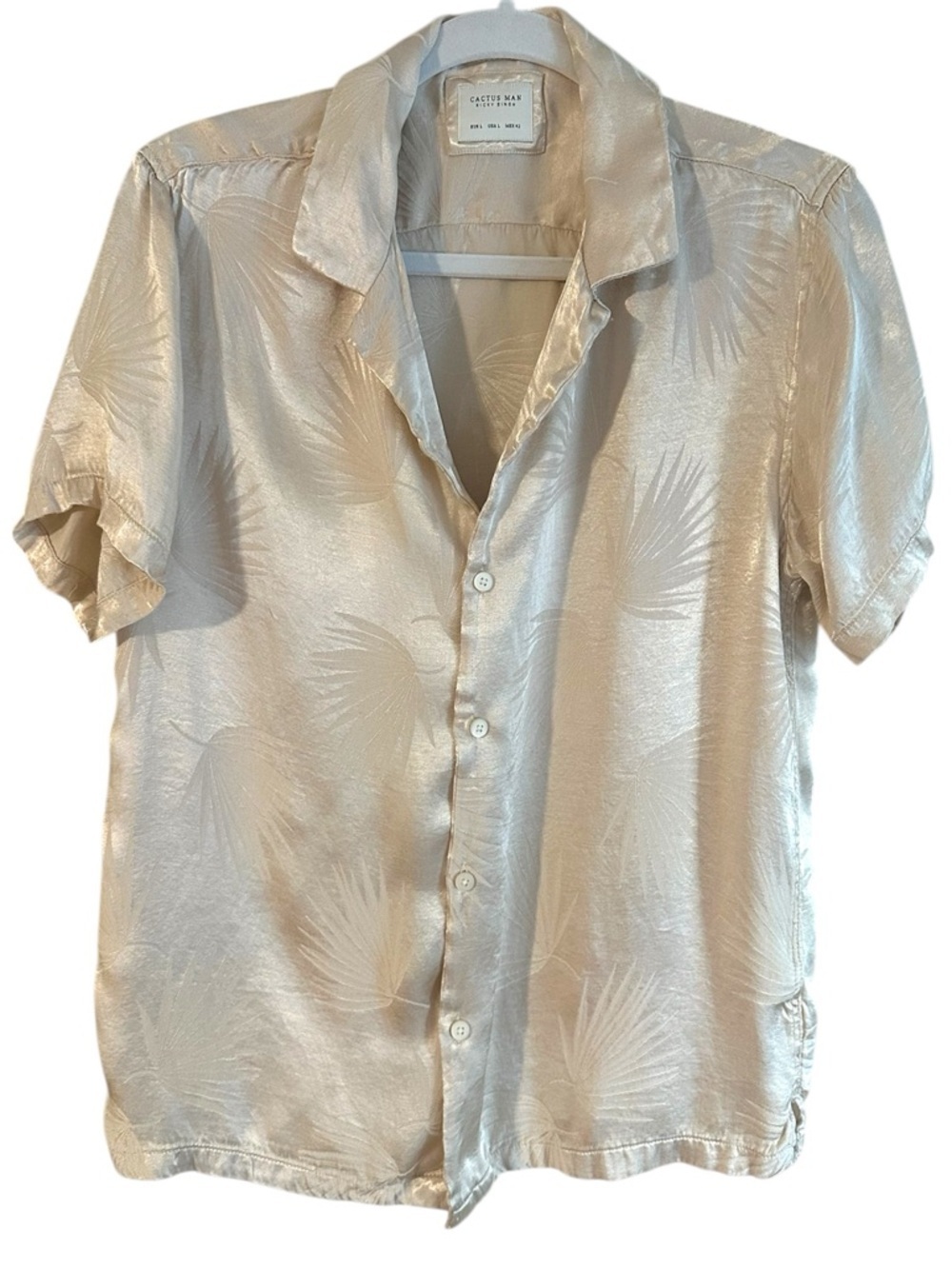 Cactus Man Casual Short-Sleeve Button Up Satin Beige Palm Print Shirt L
